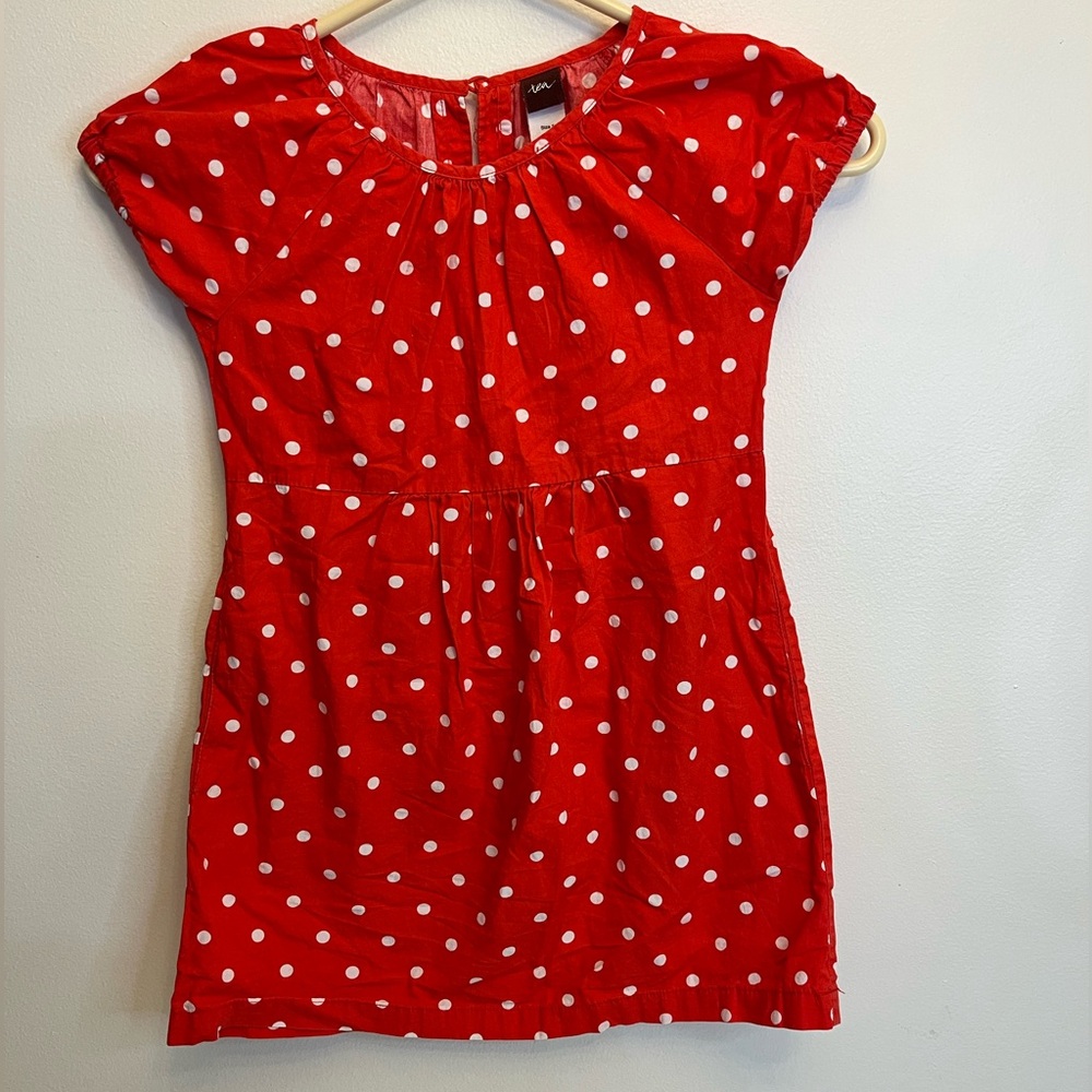 TEA COLLECTION-Classic Red/Orange Polka Dot Cap Sleeve Dress Sz 5 girl